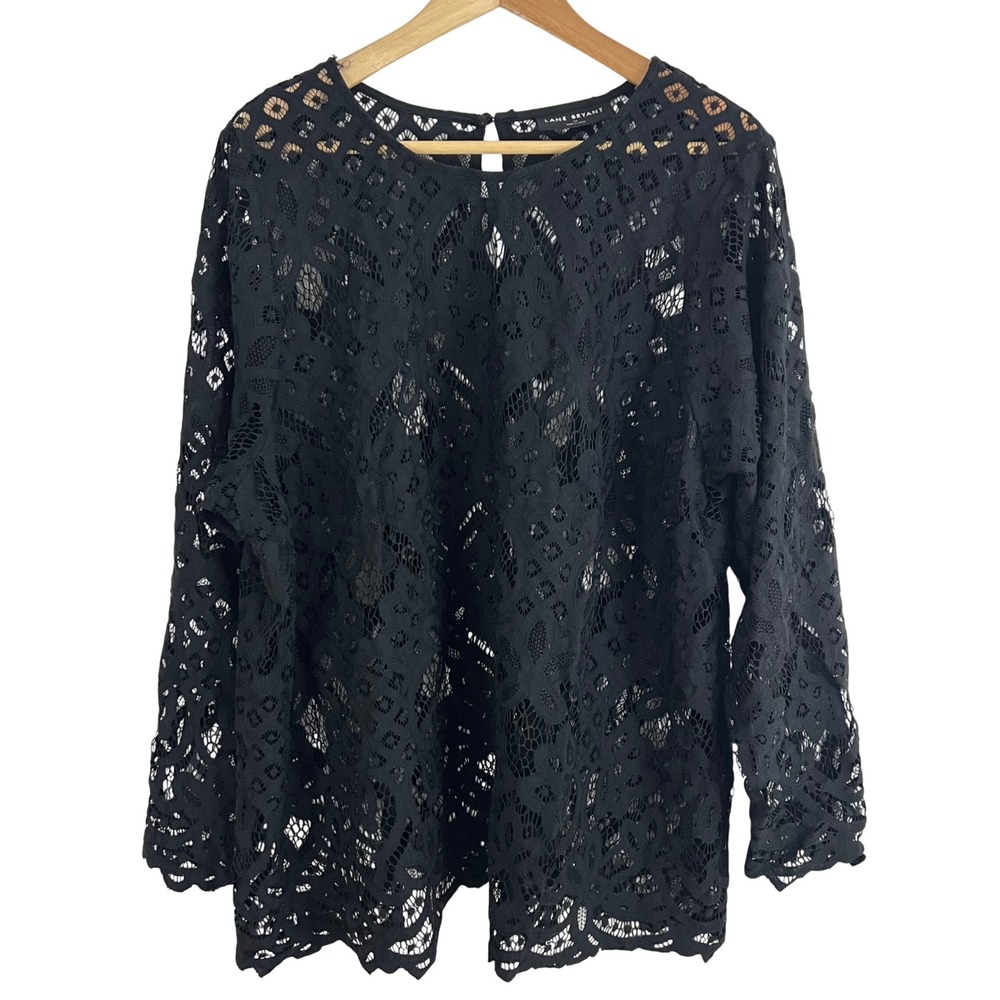 Lane Bryant Lace Top Women 24 Black Long Sleeve Floral Sheer